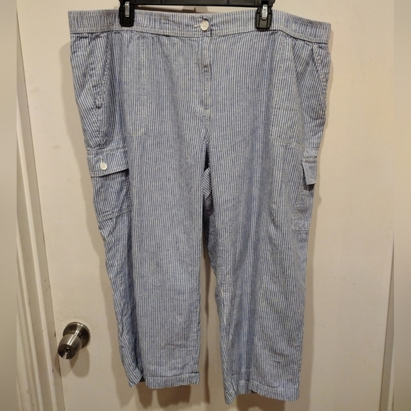 Talbots Women's Blue & White Stripe Linen Blend Capri Pull-On Pants Sz 18W-Beach - Picture 1 of 6